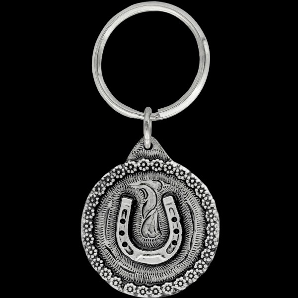 Horseshoe Keychain, What says “western” more than a horseshoe! This item includes a detailed berry border, a 3D horseshoe figure, and a key ring attachment.  